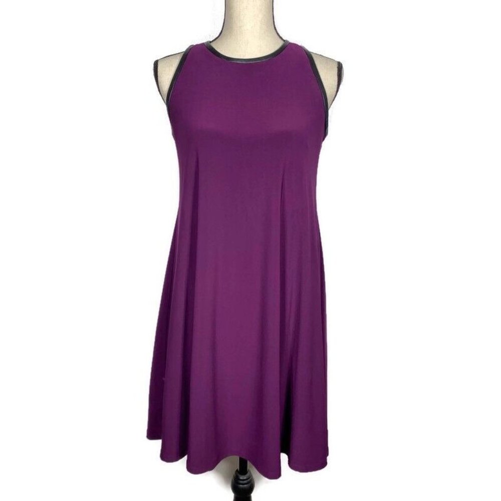Ralph Lauren Plum Black Faux Leather Trim Ponte A-Line Sleeveless Dress Size 6